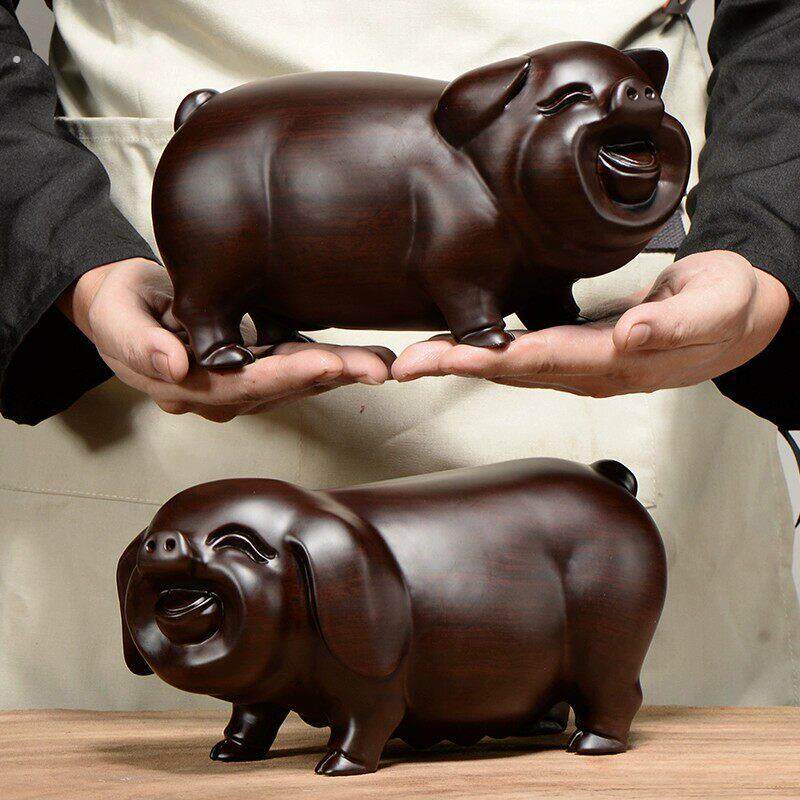 黑檀木精雕福猪摆件 手工木雕十二生肖猪 红木工艺品家居装饰