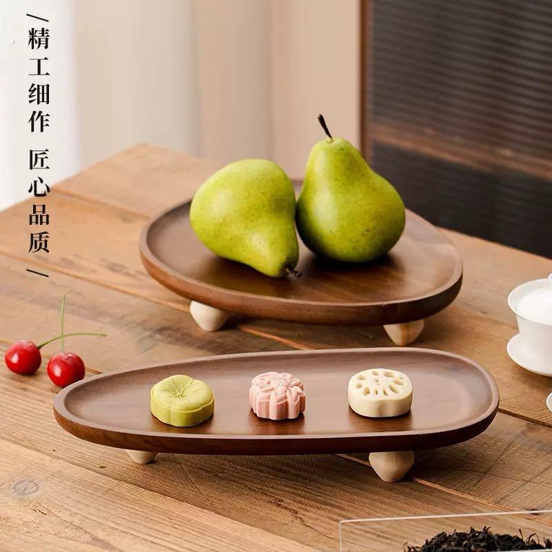 复古木质椭圆形果盘茶点盘带脚设计简约家用收纳盘