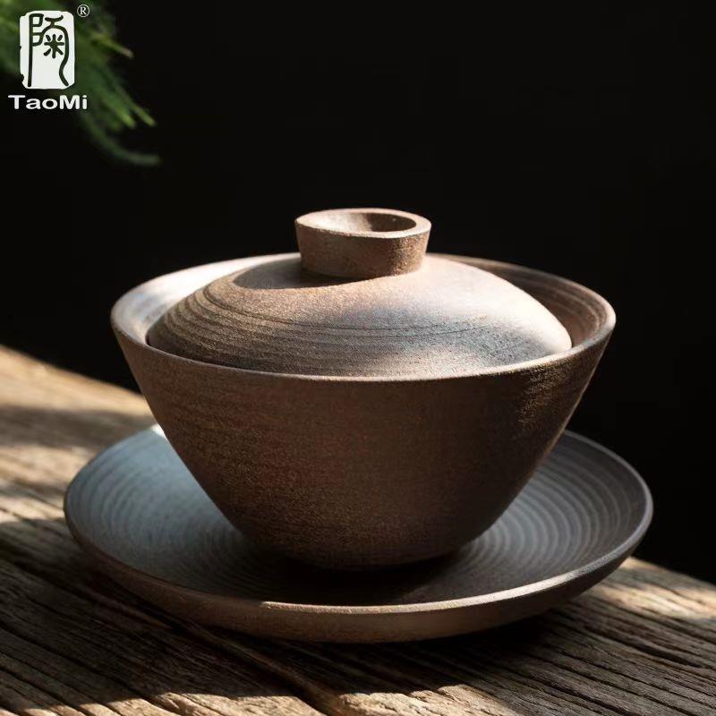粗陶无忧盖碗大号手工茶碗陶瓷无釉三才盖碗茶具