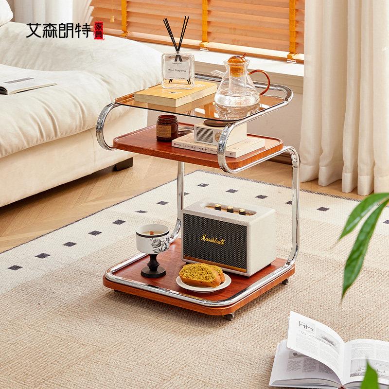 艾森朗特中古沙发边几客厅角几移动玻璃茶几带轮小推车床头置物架