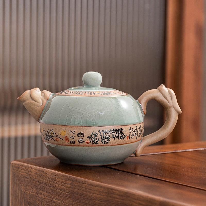 开片可养哥窑泡茶壶单壶家用红茶泡茶器侧把茶壶陶瓷功夫茶具配件
