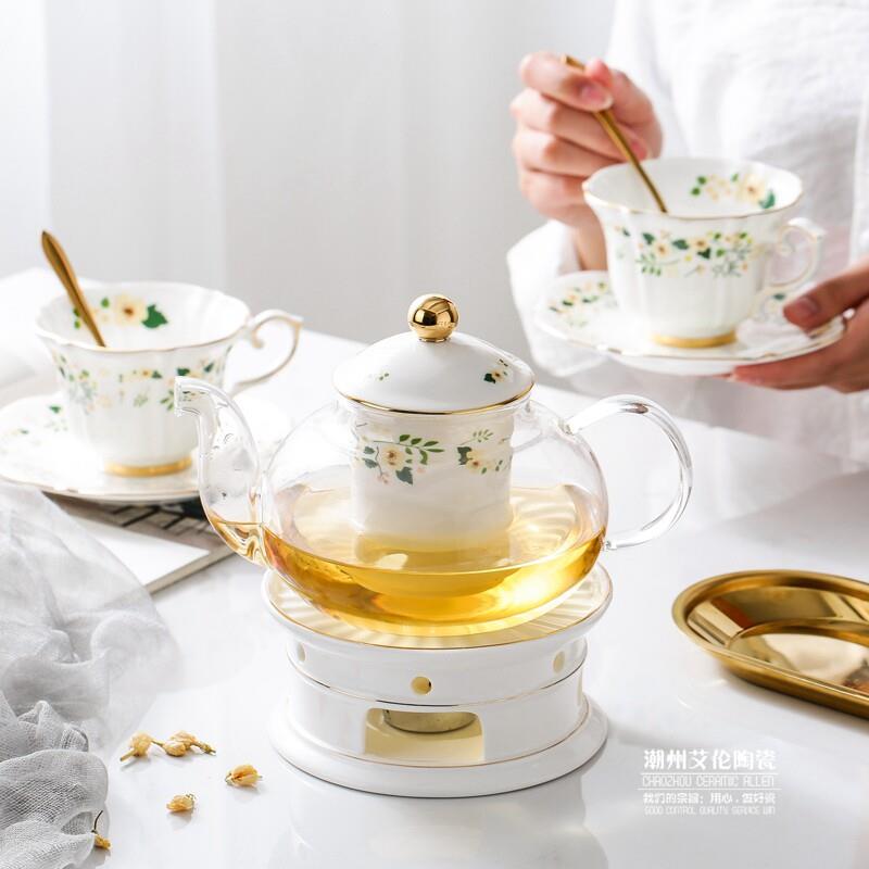 JuSunDe 田园骨瓷花茶壶下午茶杯碟陶瓷玻璃温茶炉红茶花草茶具