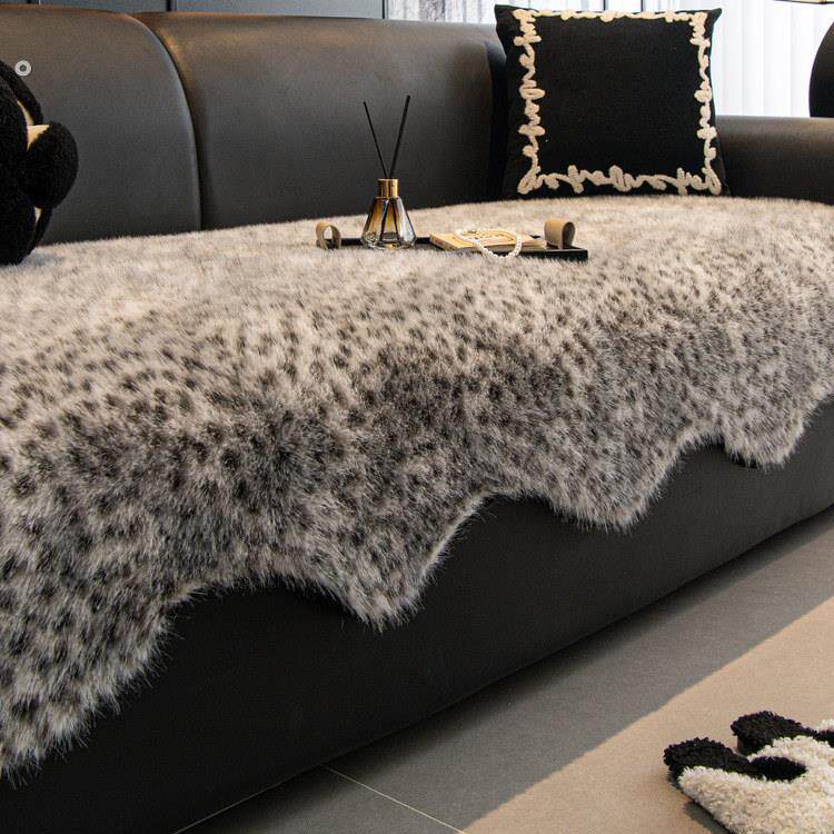 德国轻奢豹纹兔毛绒沙发垫冬新款轻奢高级感真皮沙发坐垫防滑盖布