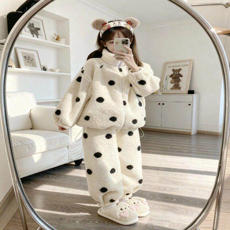 冬天可外穿珊瑚绒波点立领睡衣外套女款秋冬季加绒加厚家居服套装