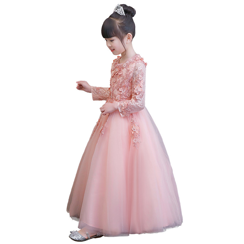 儿童礼服公主裙女童生日小女孩婚礼花童主持人钢琴演出服长袖粉色