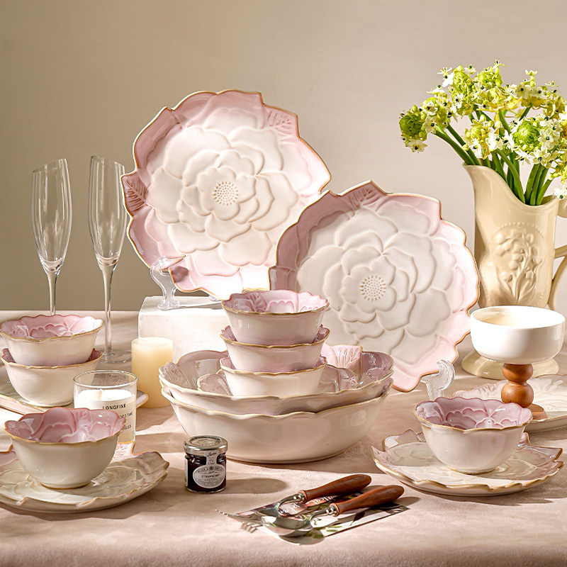 玫瑰渐变碗碟套装家用陶瓷碗筷浮雕中式复古釉下彩乔迁送礼盒餐具,餐饮具,碗,淘宝优惠券,粉丝福利购,淘宝优惠卷