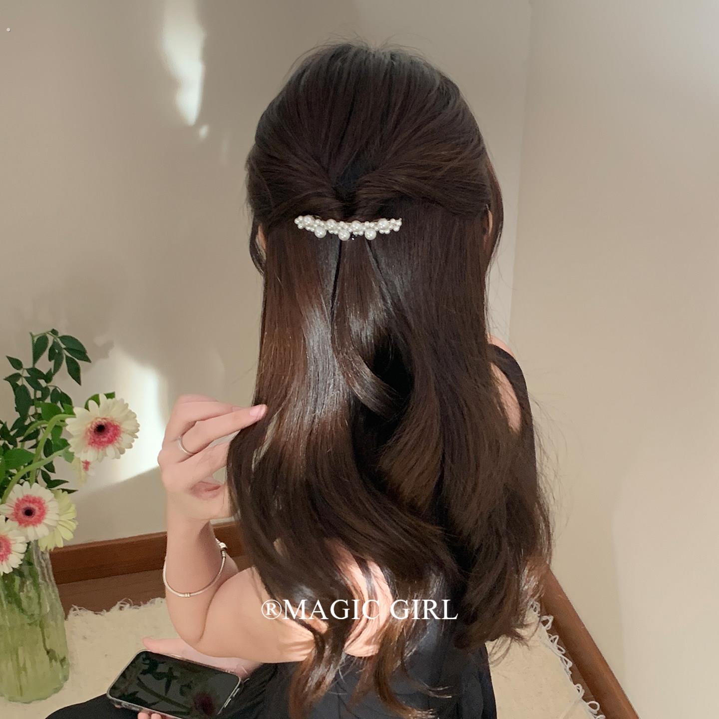 高级轻奢珍珠发夹女新款半扎发头饰一字夹精致发夹夹子弹簧发夹发