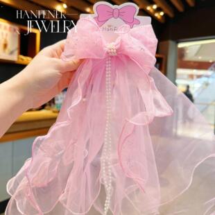 超仙白色头纱儿童发夹女2024新款蕾丝蝴蝶结女童头饰公主发饰发卡