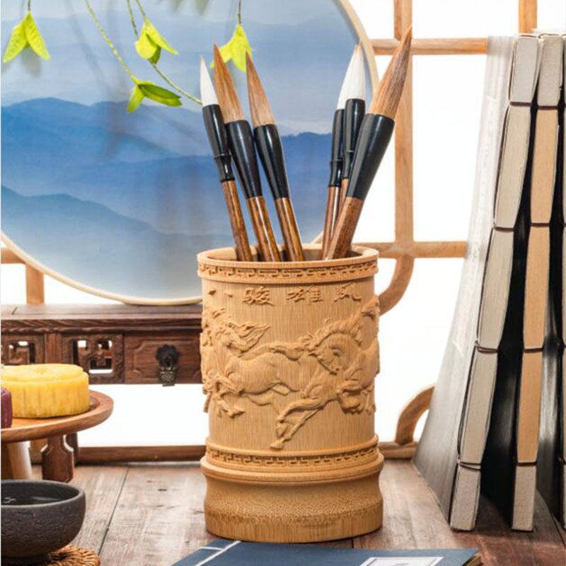 大容量竹浮雕笔筒书房收纳盒摆件复古创意桌面办公送老师朋友礼物