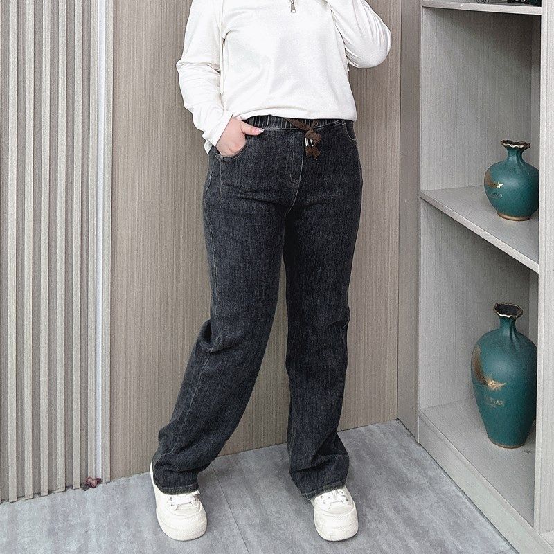 松紧腰直筒牛仔裤女春秋装新款大码胖mm宽松显瘦弹力休闲阔腿裤子