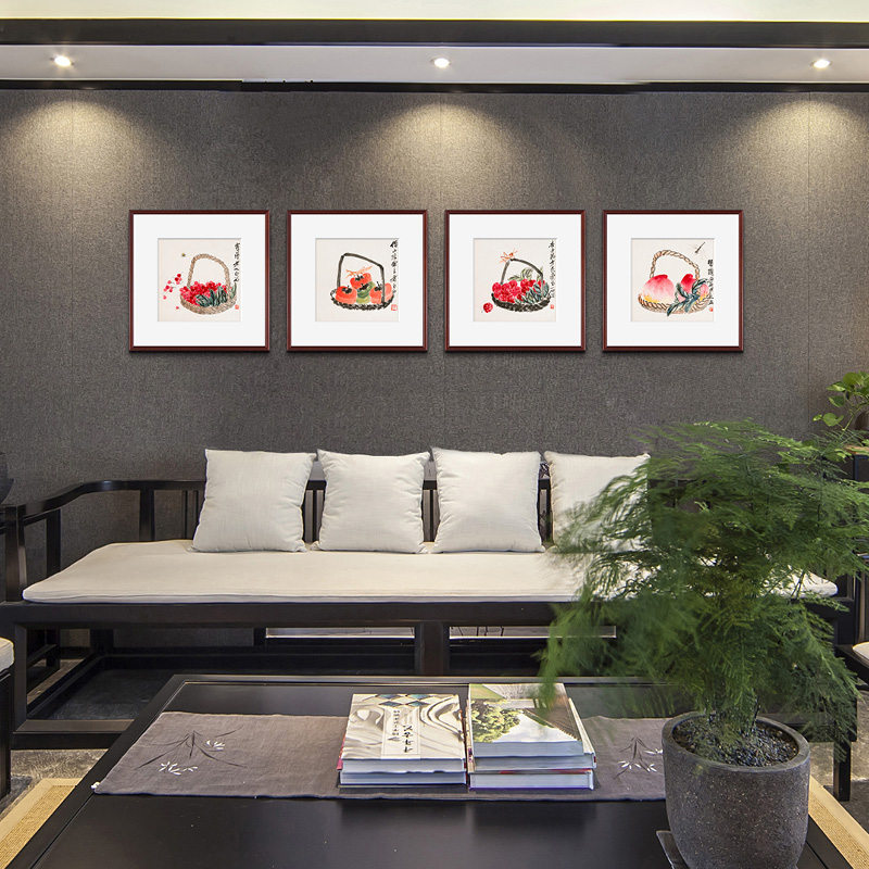 硕果累累 齐白石写意国画荔枝樱桃寿桃中式客厅餐厅卧室三联挂画