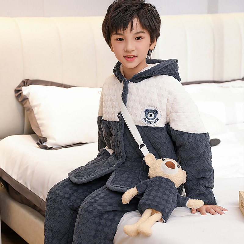 儿童三层铺棉睡衣套装男童女童冬季法兰绒加厚款中大童冬天家居服