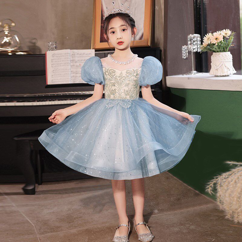 女童礼服轻奢小众高端儿童主持人钢琴演出花童生日公主裙蓝色夏季