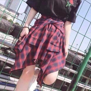 弹力腰格纹不对称四角裙中短裙带和蝴蝶结运动嘻哈风格 女性