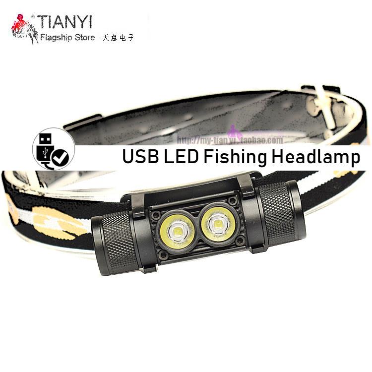 USB充电夜间骑行照明头灯 LED强光钓鱼头灯双灯头L2灯珠头戴头灯