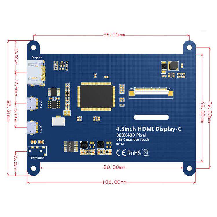 4.3寸树莓派HDMI显示屏 USB电容触摸屏 for Raspberry Pi 3B+/4B