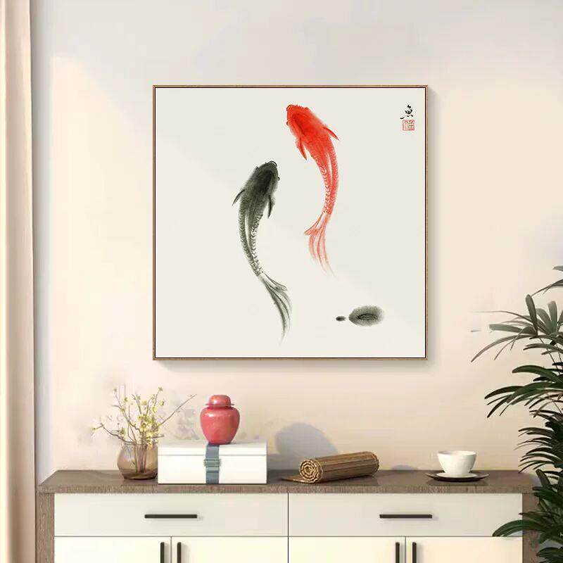 新中式九鱼图招财挂画玄门关风水挂墙装饰画鲤鱼镇宅正对门入户画