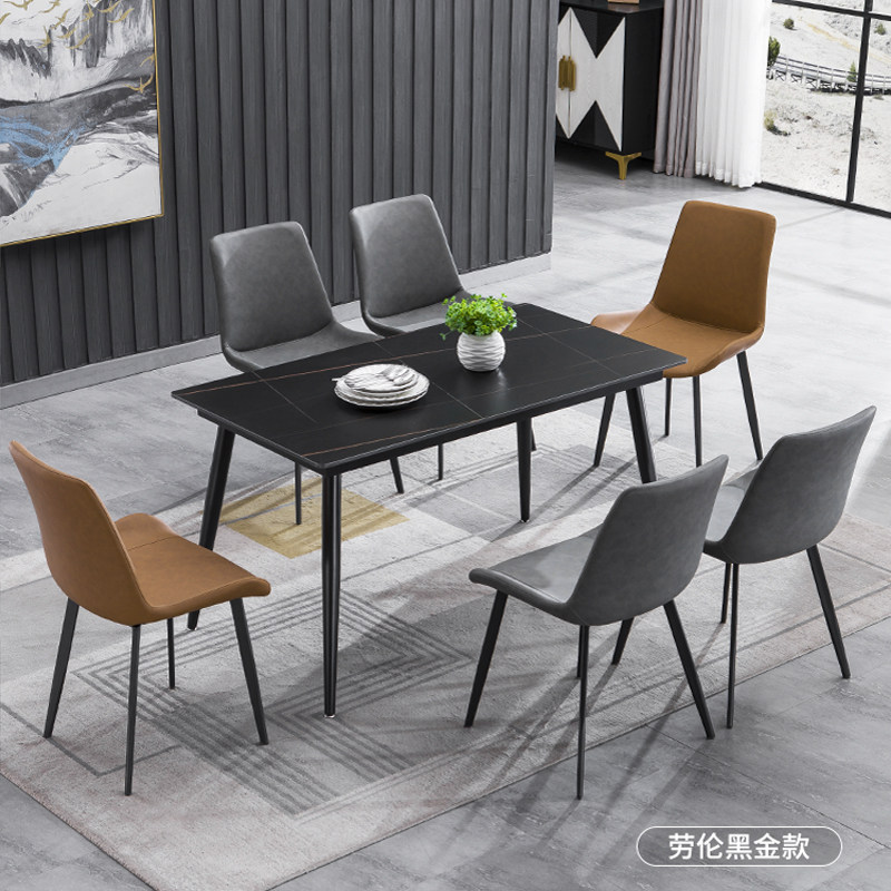 哑光纯黑岩板餐桌电脑台办公家用小户型长方形两用饭厅大理石组合