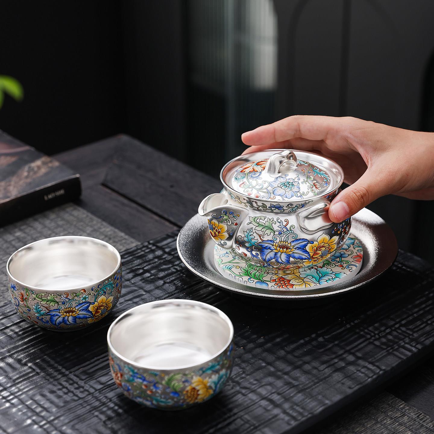 鎏银陶瓷功夫茶具家用送长辈领导百花争艳手抓壶茶壶茶杯礼盒套组