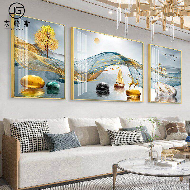 现代简约晶瓷镶钻客厅装饰画 轻奢三联画适用沙发背景墙