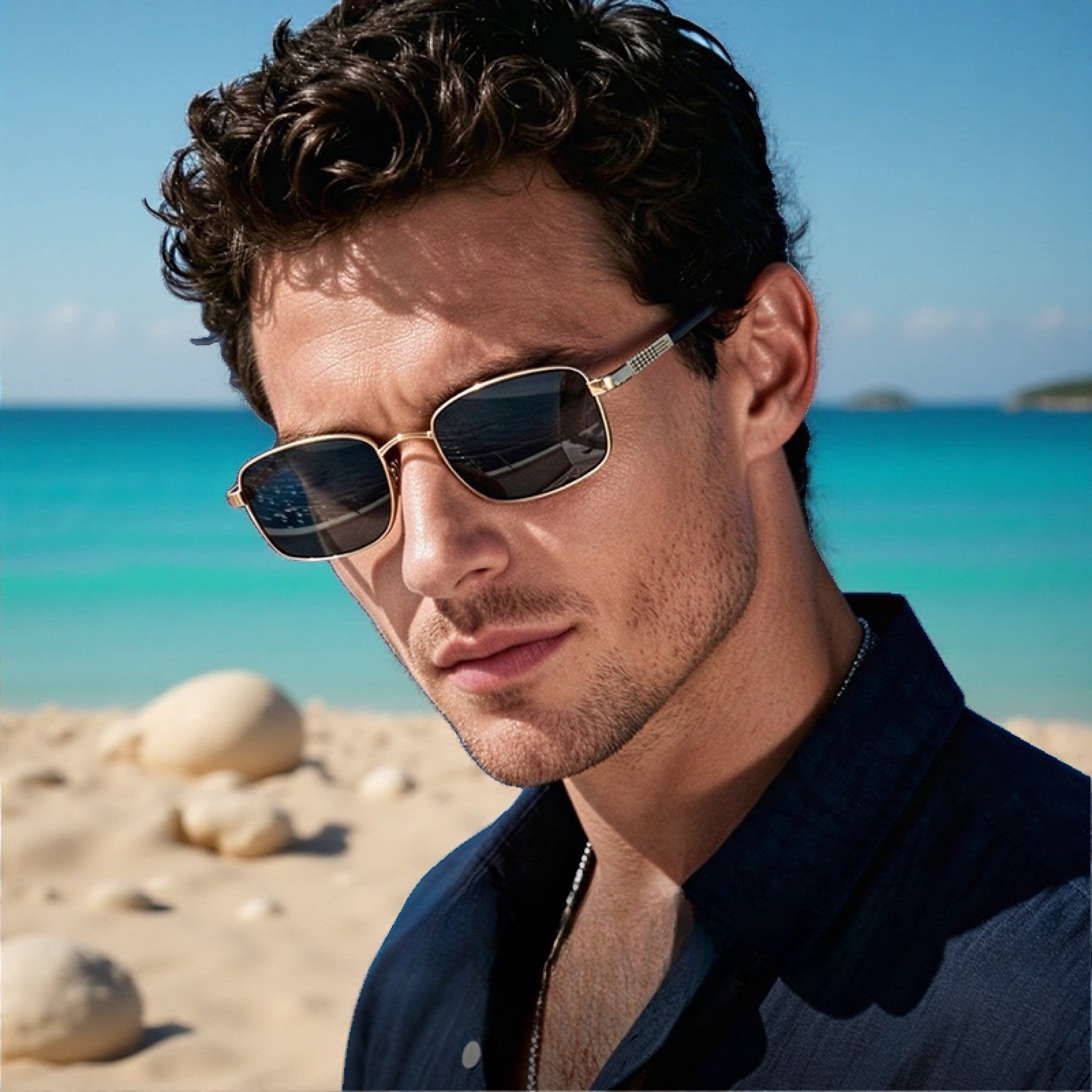 复古飞行员款男士太阳镜金色纯钛框开车感防晒墨镜高清钢化玻璃片