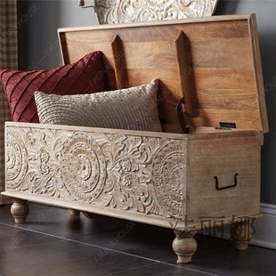 法式美式雕花换鞋凳家用门口入户穿鞋凳做旧储物收纳凳实木整装