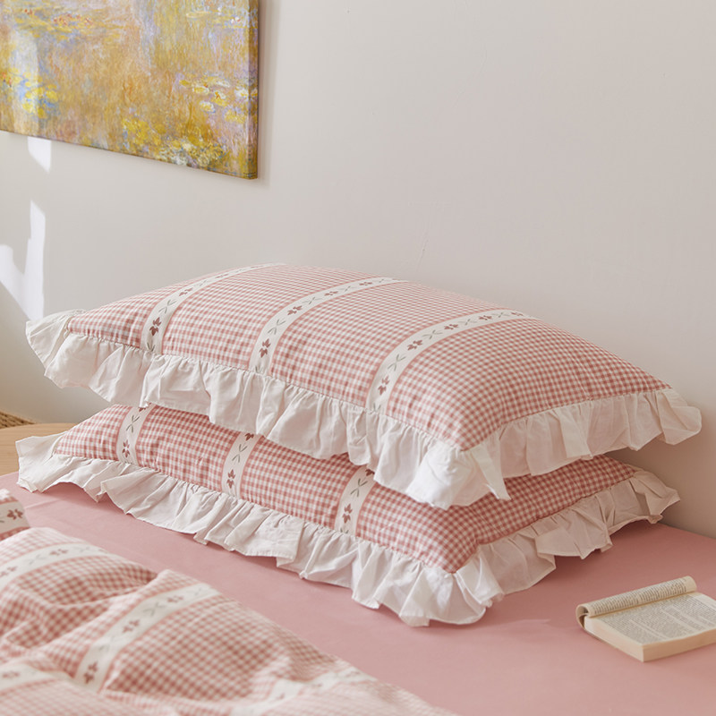 荷叶边纯棉枕套一对装 粉色格子枕套48*74cm文艺单人花边款枕头套
