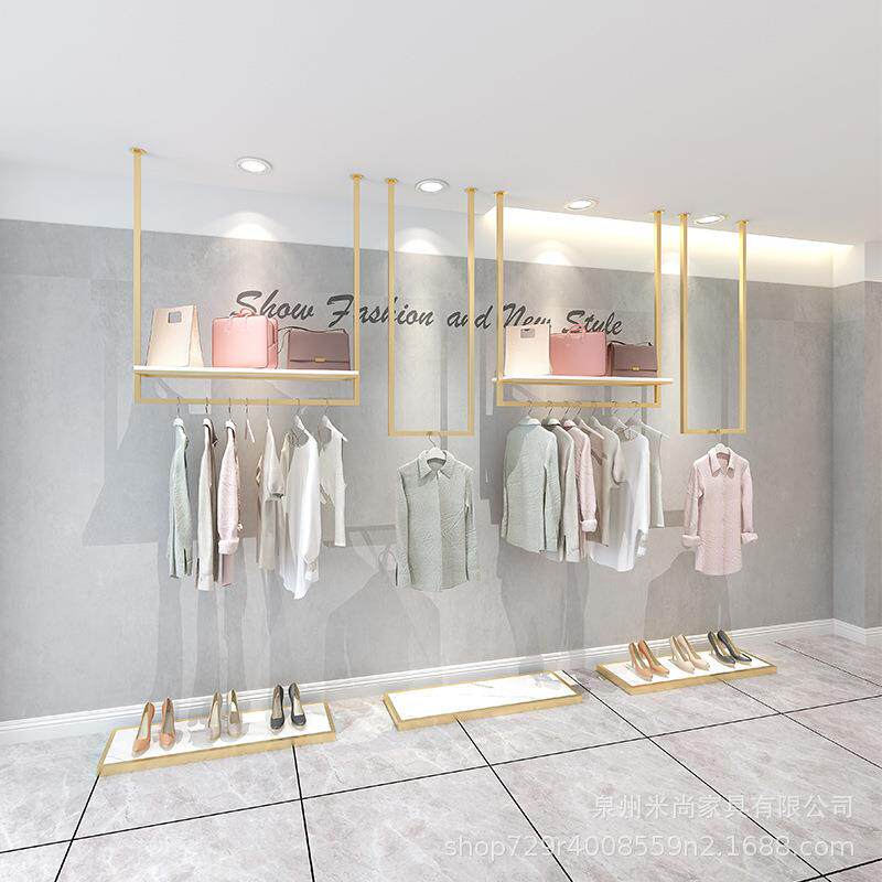 北欧服饰服装店金色吊架上墙女装挂衣架铁艺悬挂吊挂陈列架子货架