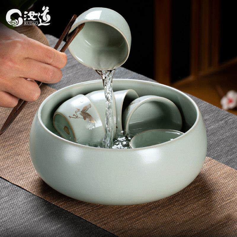 汝窑茶洗汝道大号杯洗陶瓷笔洗茶具茶道水盂果盘开 片茶洗水培花