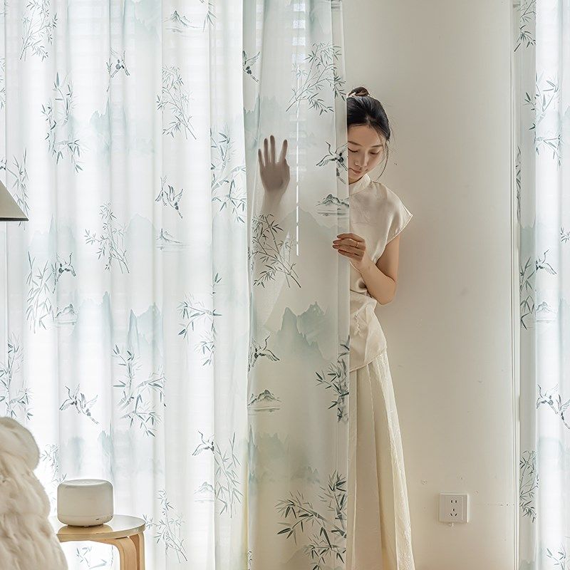 现代新中式高密雪纺纱鹤归竹隐淡绿水墨风古风不透人纱帘客厅书房,居家布艺,定制窗帘,淘宝优惠券,粉丝福利购,淘宝优惠卷
