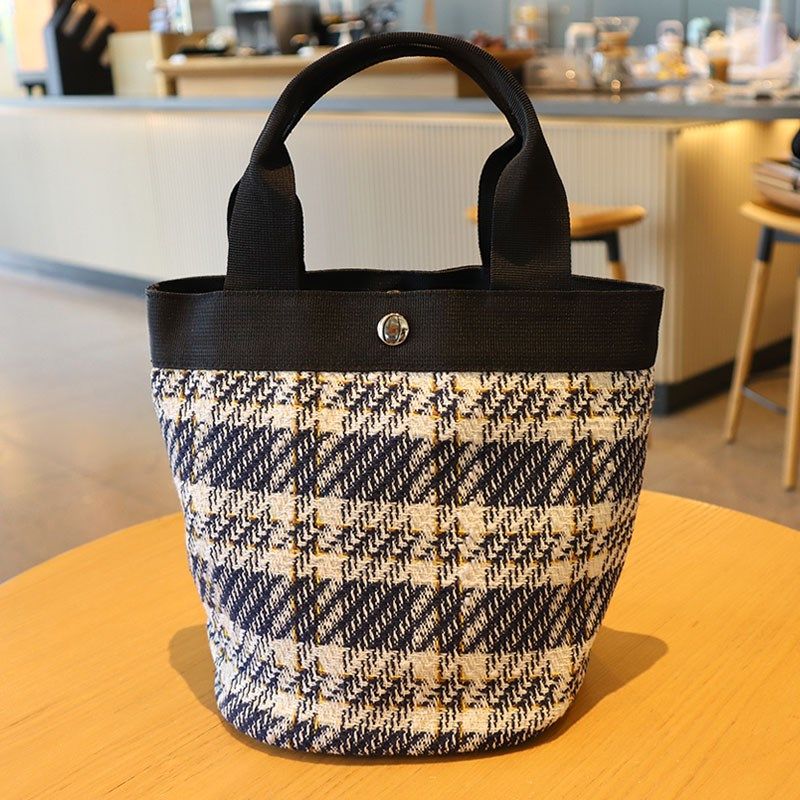 格纹帆布手提袋简约百搭船型小拎包妈咪包午餐便当包日式饭盒袋子