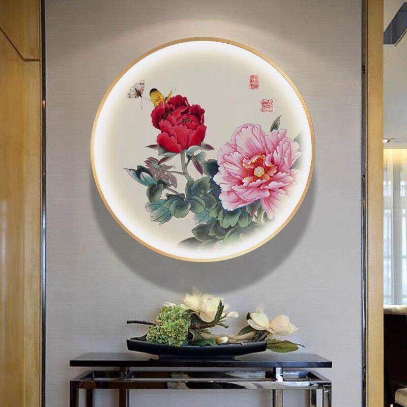 花鸟牡丹圆形灯画餐厅卧室背景墙挂画中式花卉入户玄关茶室装饰画