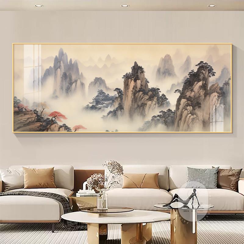 客厅整幅靠山西墙背景墙中式沙发水墨办公室壁画图一挂画新山水画