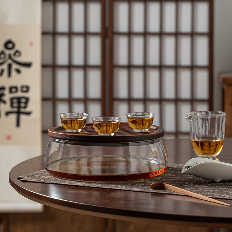 便捷中式小型茶盘储水家用木托盘茶台圆形沥蓄水玻璃茶海干泡台具