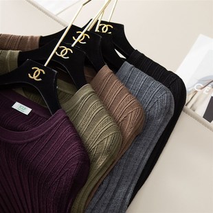 JCLP精纯 简约百搭针桃孔镂空美丽诺羊毛修身坑条长袖打底衫上衣