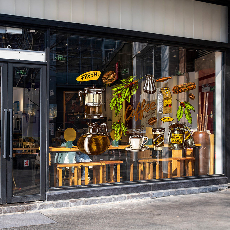 古镇咖啡馆彩色咖啡主题氛围装饰橱窗落地门窗玻璃贴纸静电贴膜,家居饰品,玻璃膜/贴,淘宝优惠券,粉丝福利购,淘宝优惠卷