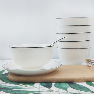 家用碗10个套装5寸碗吃饭创意个性单个陶瓷饭碗过年6英寸面碗黑线