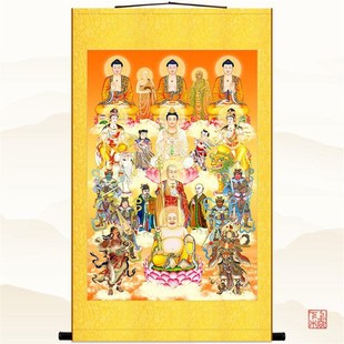 全堂佛满堂佛众佛图 观音菩萨画像丝绸画挂画 佛堂客厅卷轴画