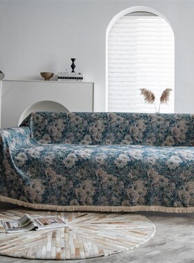 美式沙发盖布沙发套罩蓝色油画花朵沙发巾全盖四级通用全包万能罩