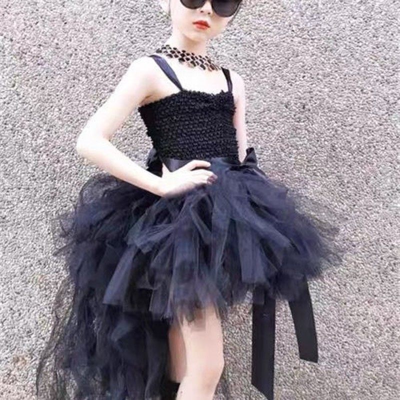 女童黑色晚礼服拖尾儿童生日公主裙t台模特主持走秀钢琴演出服夏