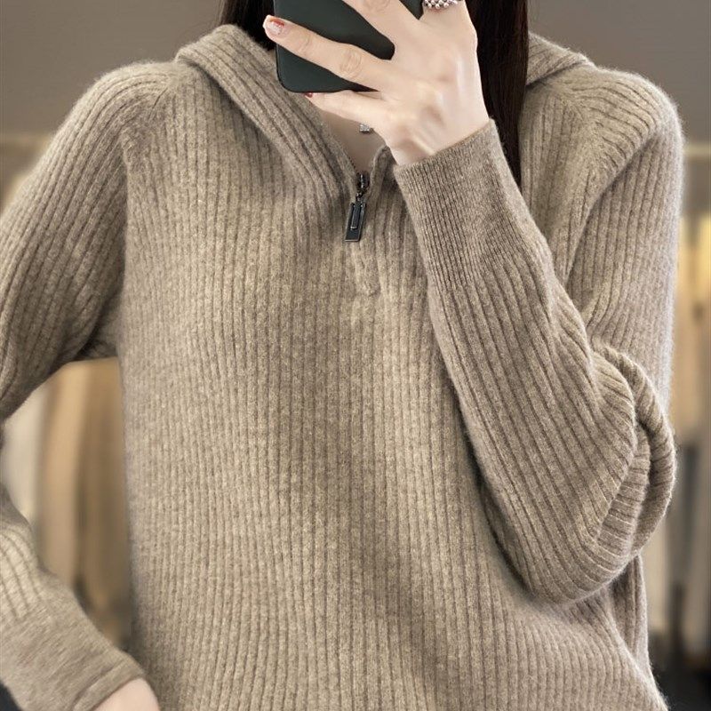 连帽毛衣女秋季外穿宽松带帽卫衣打底内搭羊毛半拉链帽衫针织上衣