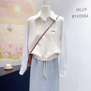 小个子粉色叠穿搭配~韩代款秋季洋气温柔条纹衬衫针织马甲假两件