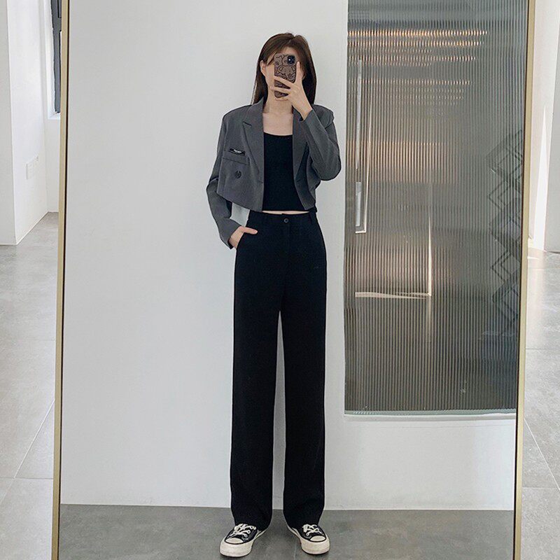 黑色西装裤女直筒裤子秋冬西裤休闲拖地高腰垂感毛呢小个子阔腿裤