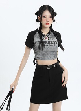 KRO夏季灰色高腰防走光包臀半身裙百搭新款显瘦学院风西装A字短裙