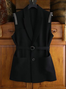 时髦休闲 黑色百搭舒适珠链修身背心马甲春秋WT292704AG