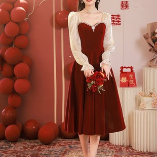 敬酒服新娘小个子酒红色平时可穿冬季订婚中长款出阁宴回门礼服女