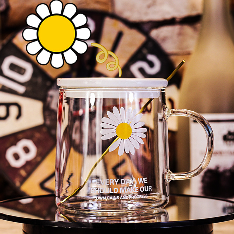 雏菊玻璃杯水杯女带把带盖茶杯大容量家用耐热玻璃办公室清新可爱
