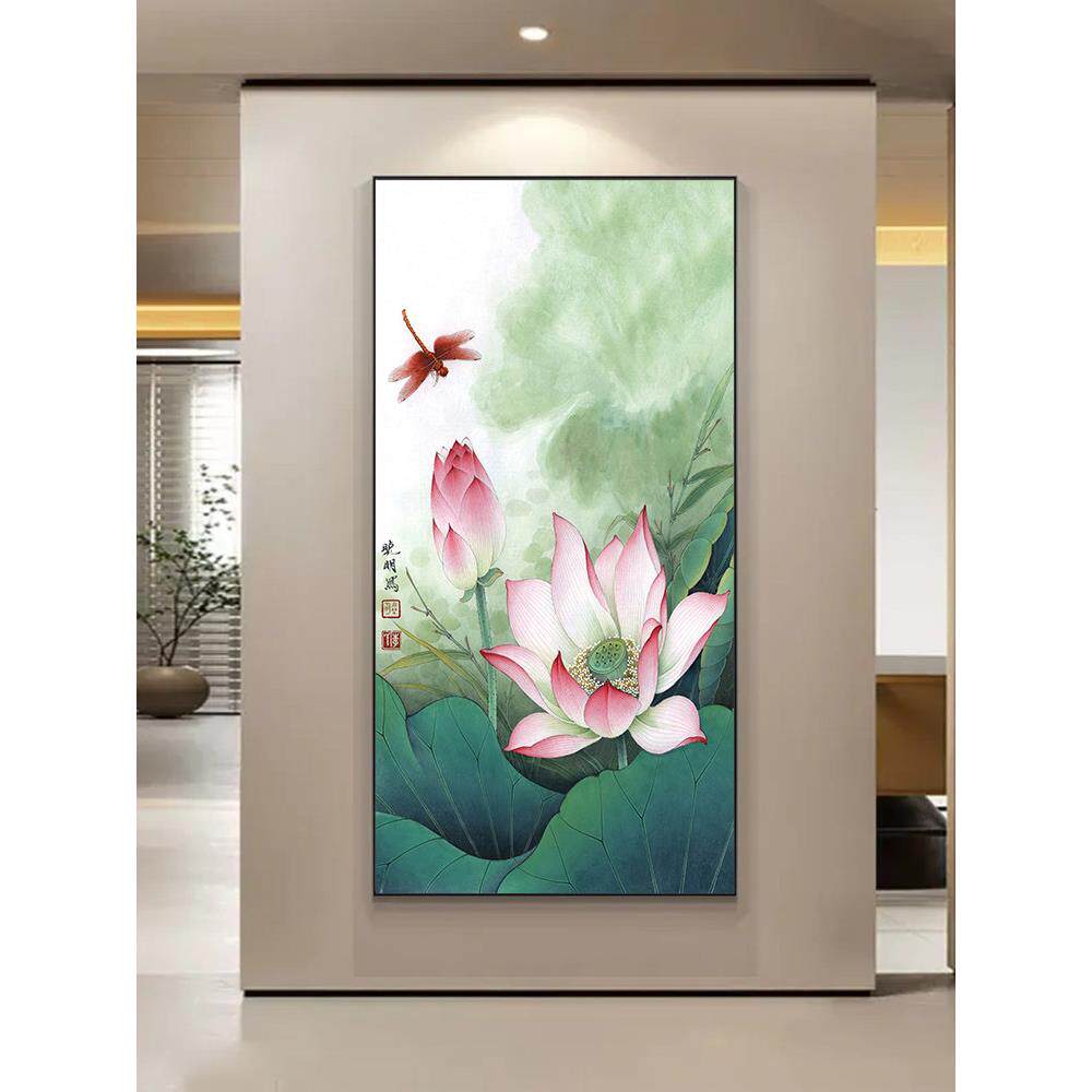 荷花玄关装饰画入户挂画新中式壁画客厅莲花背景墙画卫生间净秽图