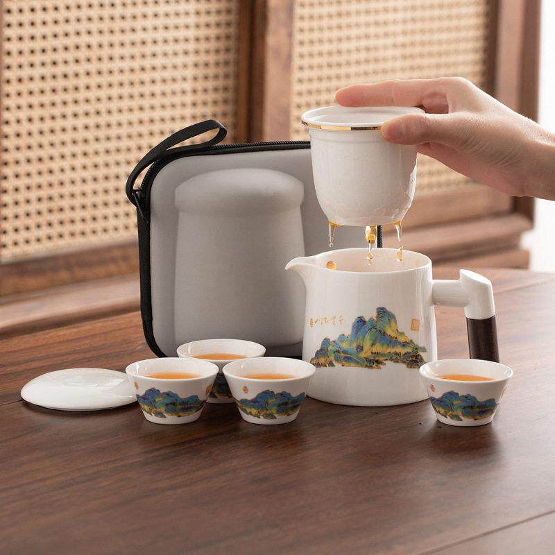 景德镇汝窑便携式旅行茶具套装简易户外游泡茶壶茶杯随身露营快