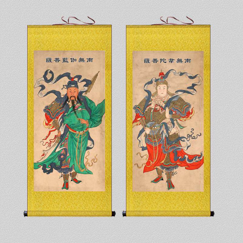加兰威都菩萨左右护佛造像祭拜挂画关公财神造像家寺佛寺卷轴